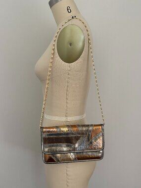 Varon Vintage 80s Snakeskin Leather Patchwork Clutch Crossbody Bag Metallic Glam
